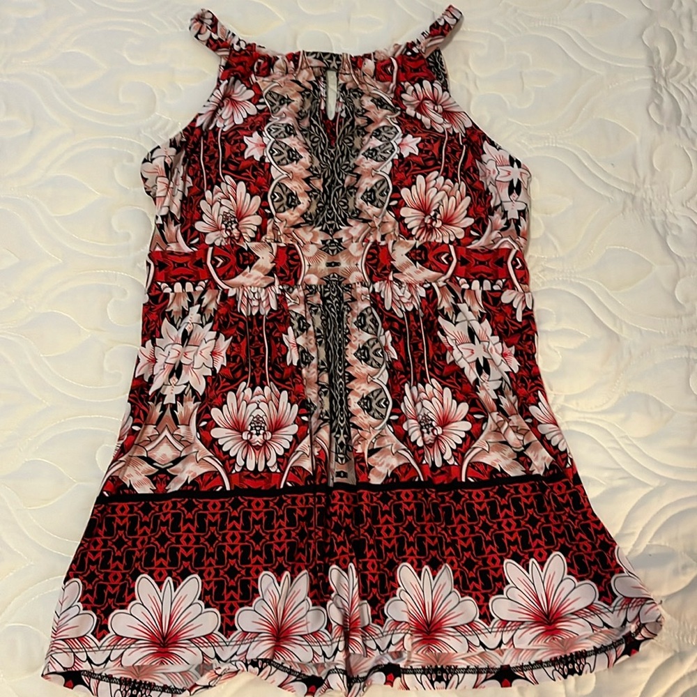 Red and black floral summer top.